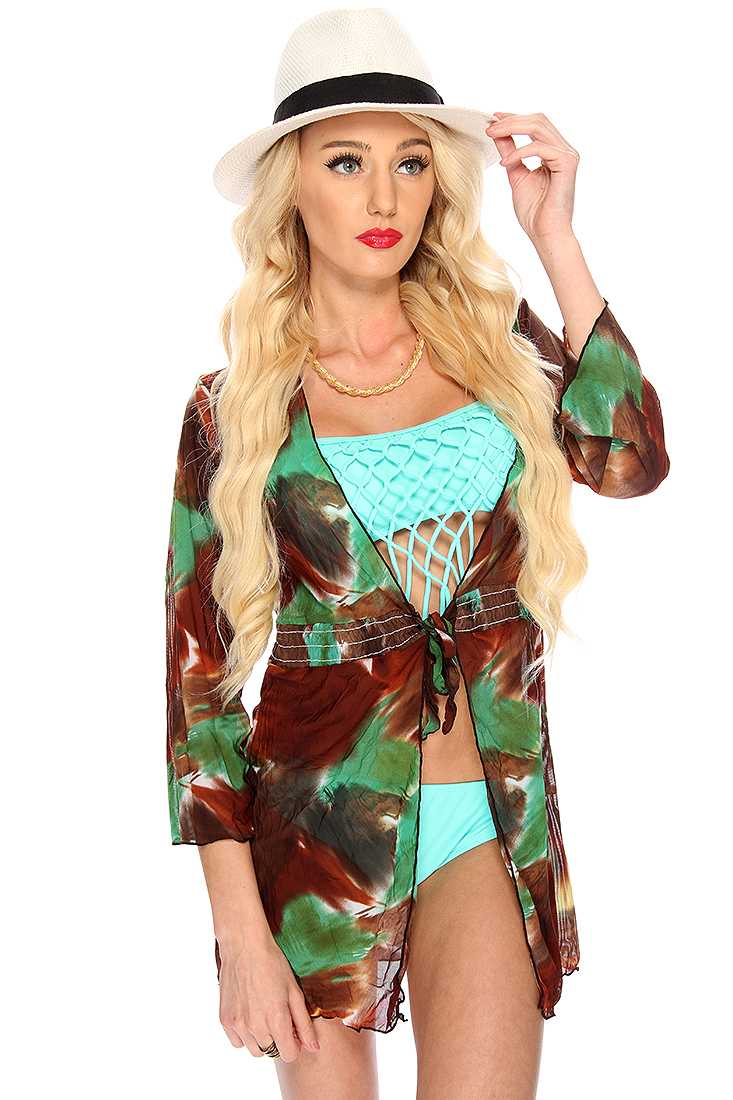 Brown Printed Quarter Sleeves Robe Swimsuit Coverup
