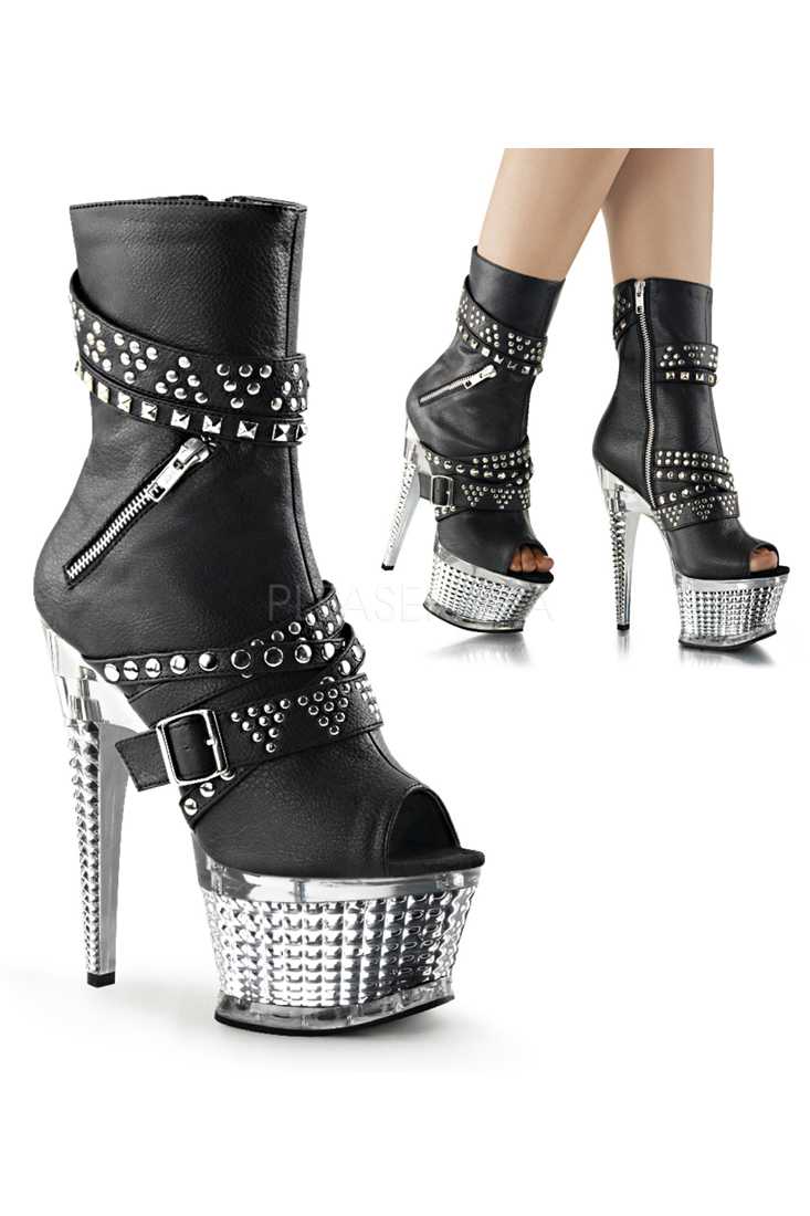 Black Silver Chrome Peep Toe Studded Platform High Heel Booties