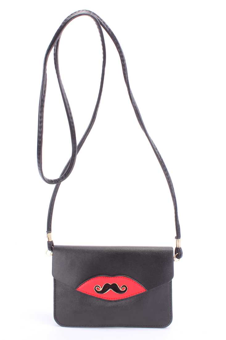 Black Mustache Pendant Faux Leather Clutch
