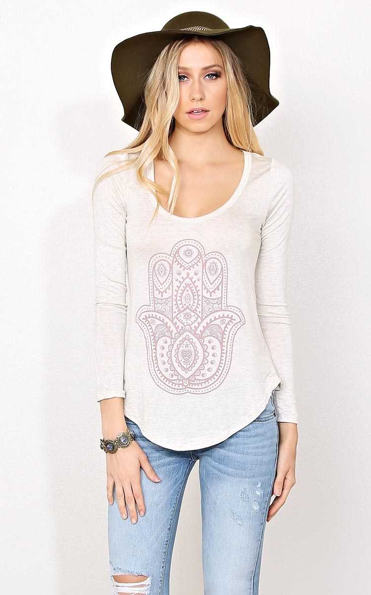 Hamsa Long Sleeved Knit Top - LGE - Oatmeal in Size Large by Styles For Less