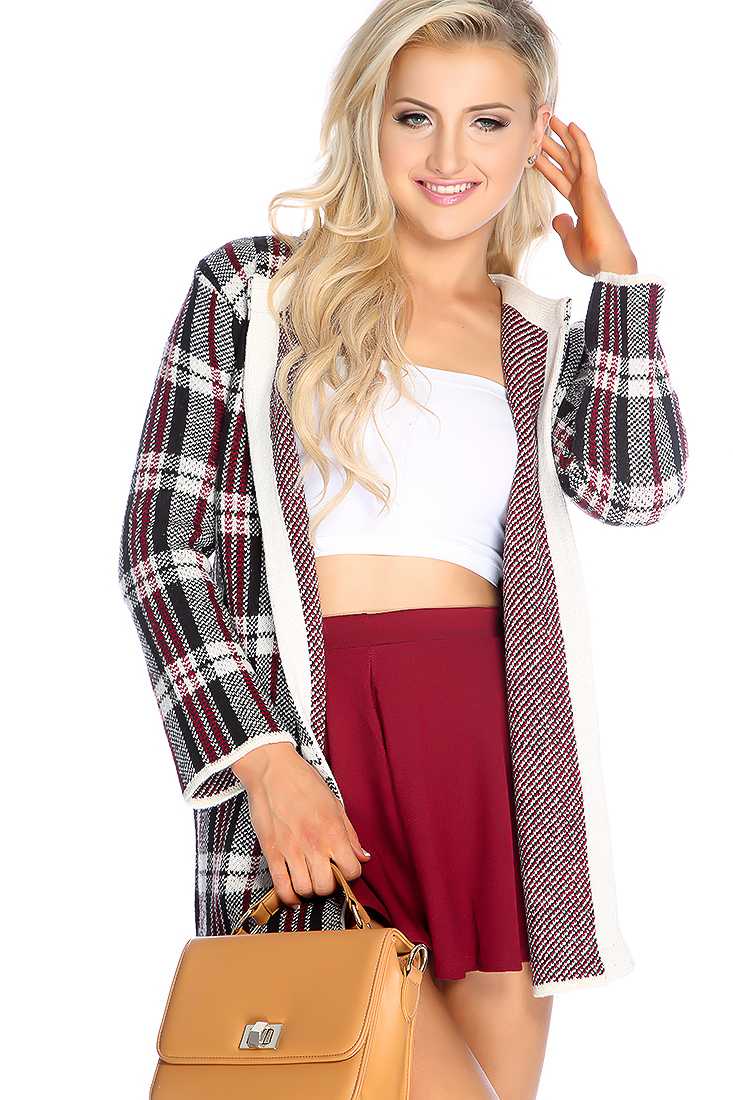 Red Plaid Knitted Open Front Cardigan