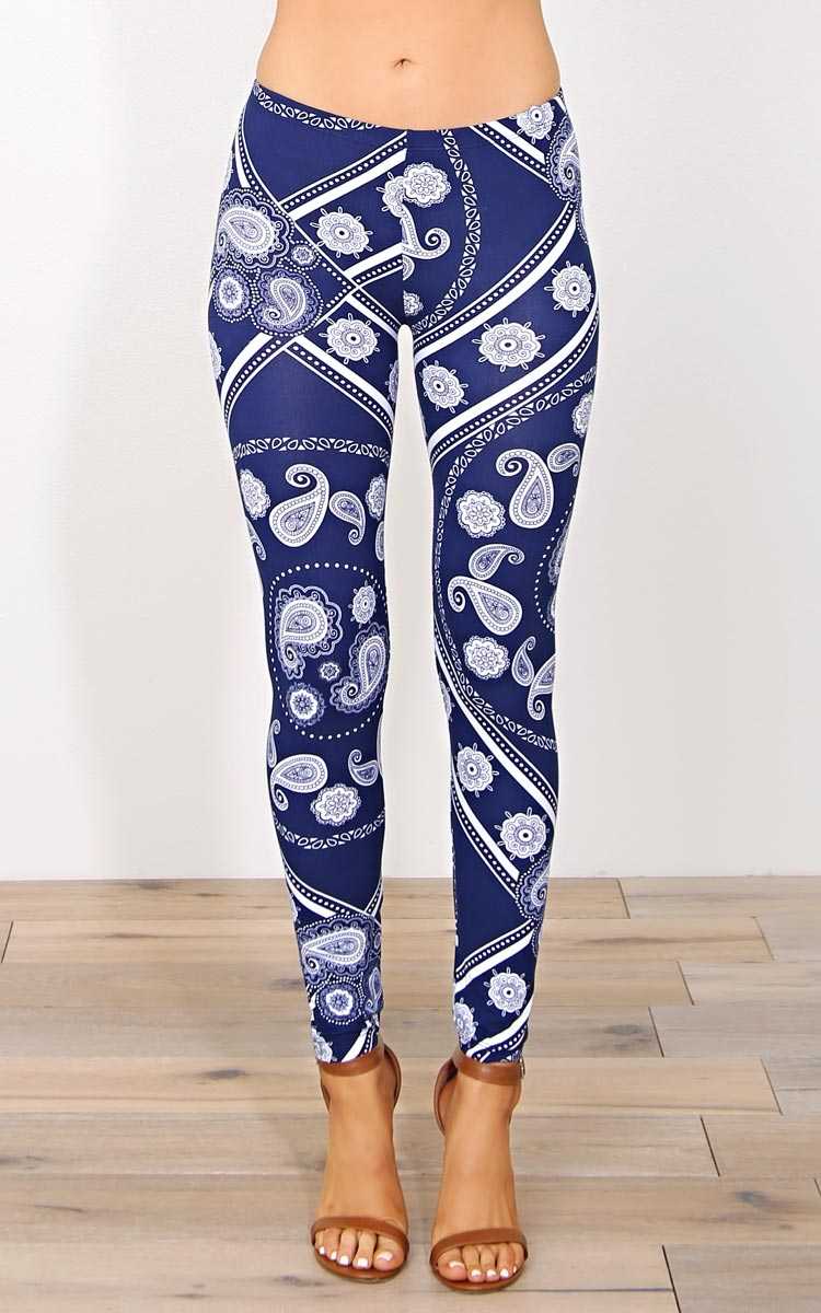 Bold Paisley Soft Knit Leggings - - Navy Combo in Size by Styles For Less