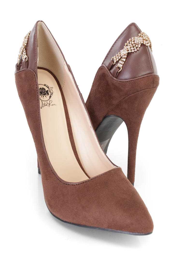Brown Single Sole Pump High Heels Faux Suede
