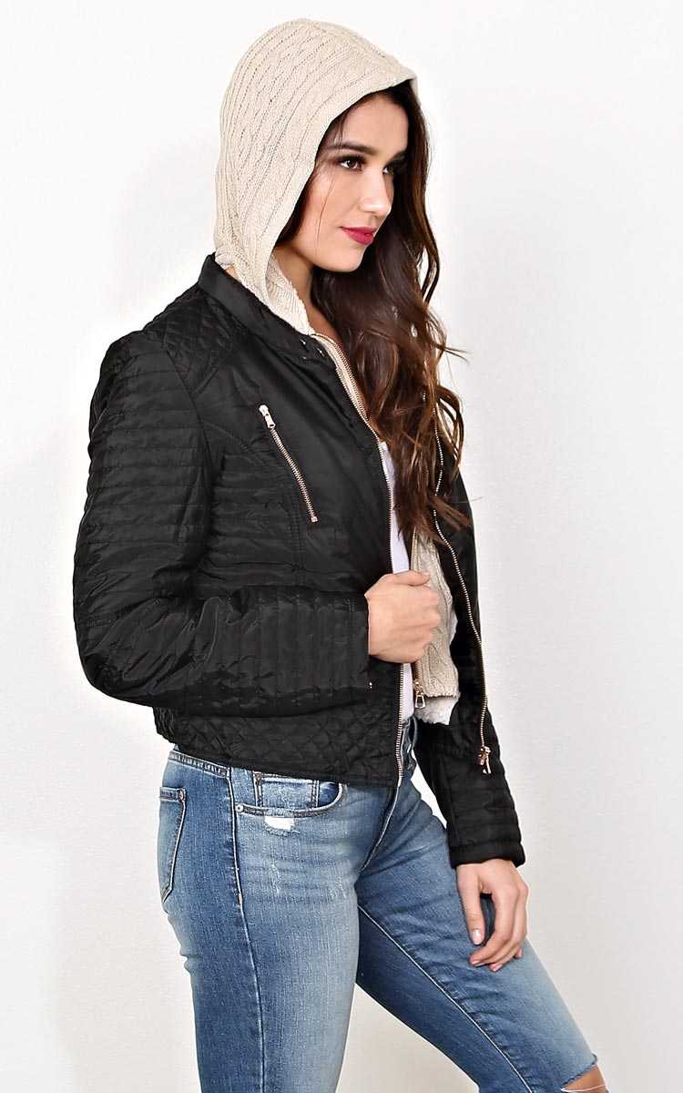 Diana Cable Knit Hooded Puff Jacket - MED - Black in Size Medium by Styles For Less