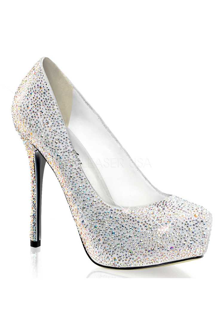 White Rhinestone Platform Pump Heels Faux Suede