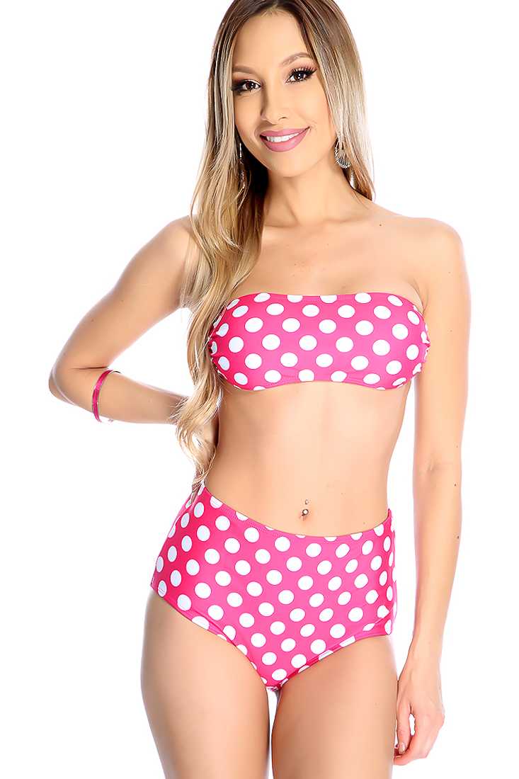 Polka Dot Pink Bandeau High Waist 2 Piece Bikini