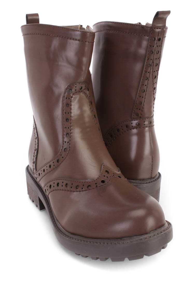 Brown Perforated Stitched Booties Faux Leather