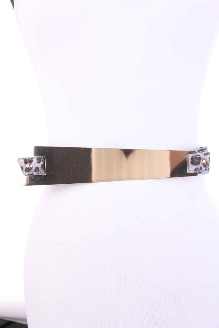 Grey Leopard Print Rounded High Polish Metal Accent Spandex Belt