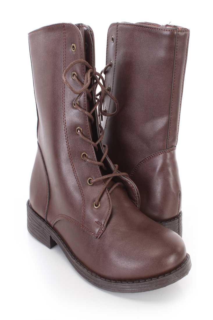 Brown Lace Up Faux Leather Combat Boots
