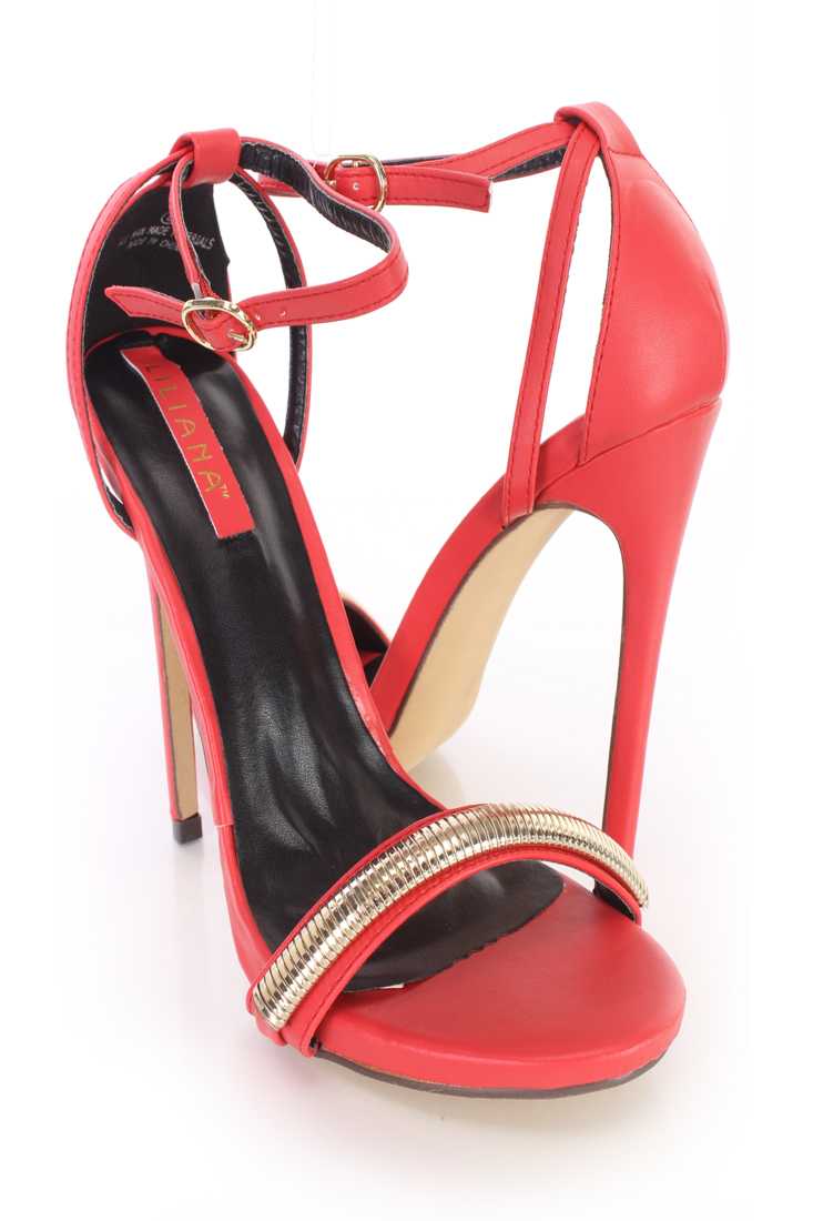 Red High Polish Strap Sandal Heels Faux Leather