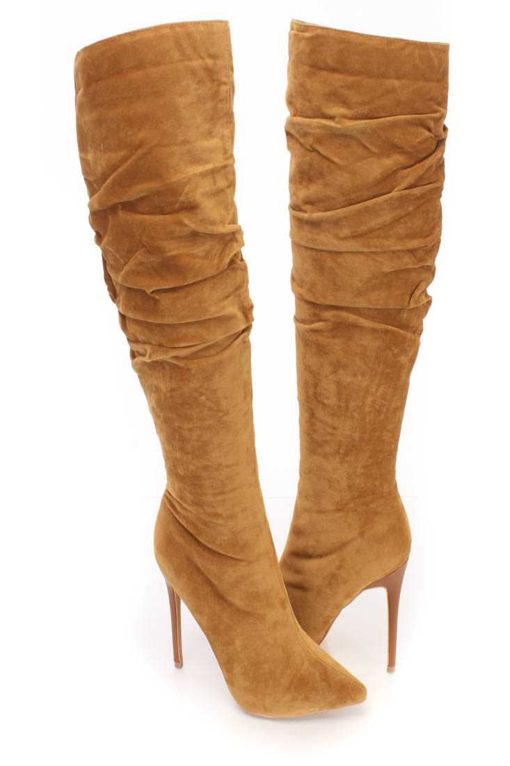 Chestnut Slouchy Knee High Heel Boots Faux Suede