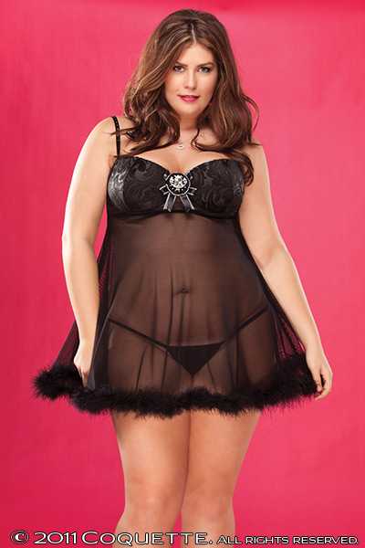 BLACK MESH MARABOU HEM MESH BABY-DOLL INTIMATES TOP