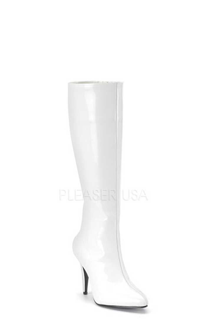 White Pointed Toe Knee High Boots Patent