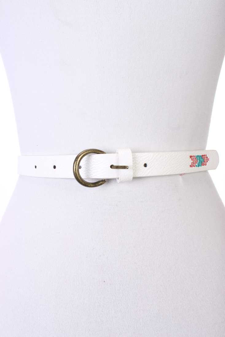 White Faux Lather Tribal Imprinted Buckle Closure Belt