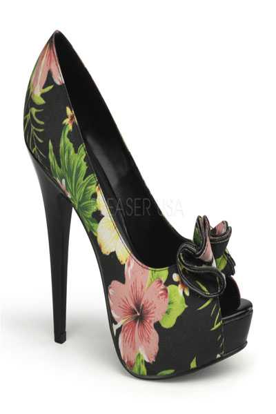 Black Floral Fabric Peep Toe Pumps