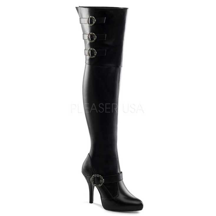 Black Faux Leather Buckle Detail Thigh High Plus Size Boots
