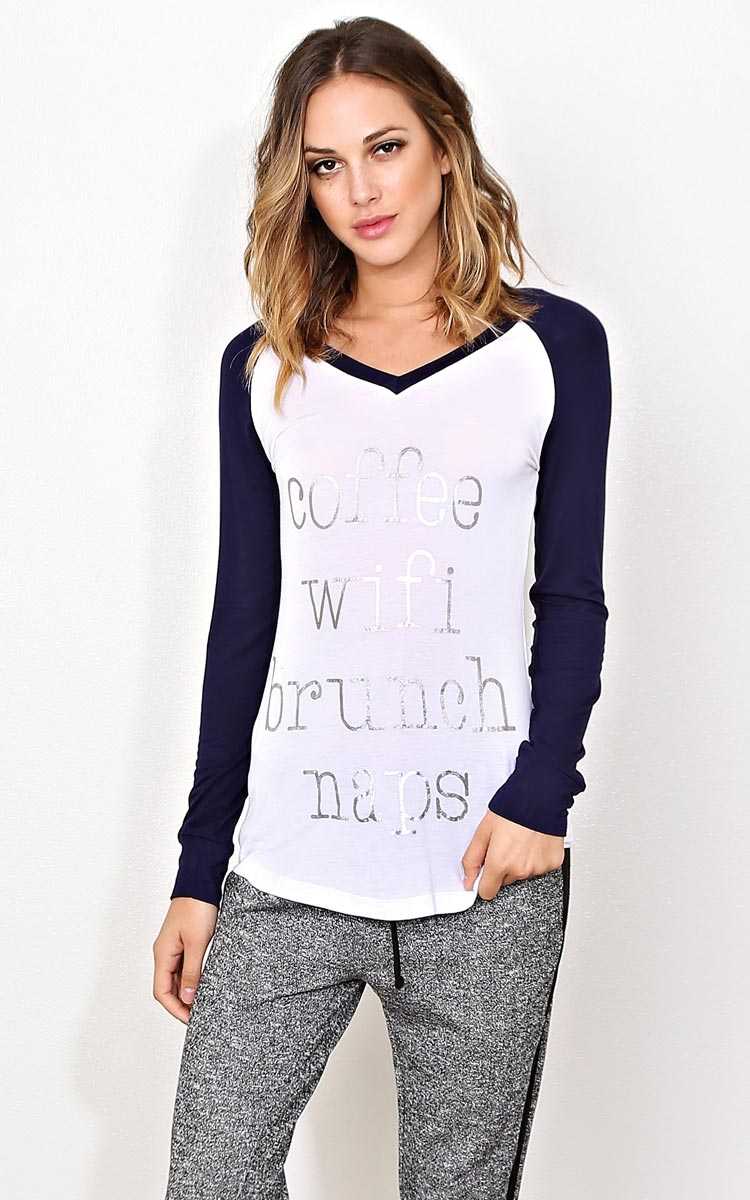 COFFEE WIFI BRUNCH NAPS Knit Raglan - - Navy Combo in Size by Styles For Less