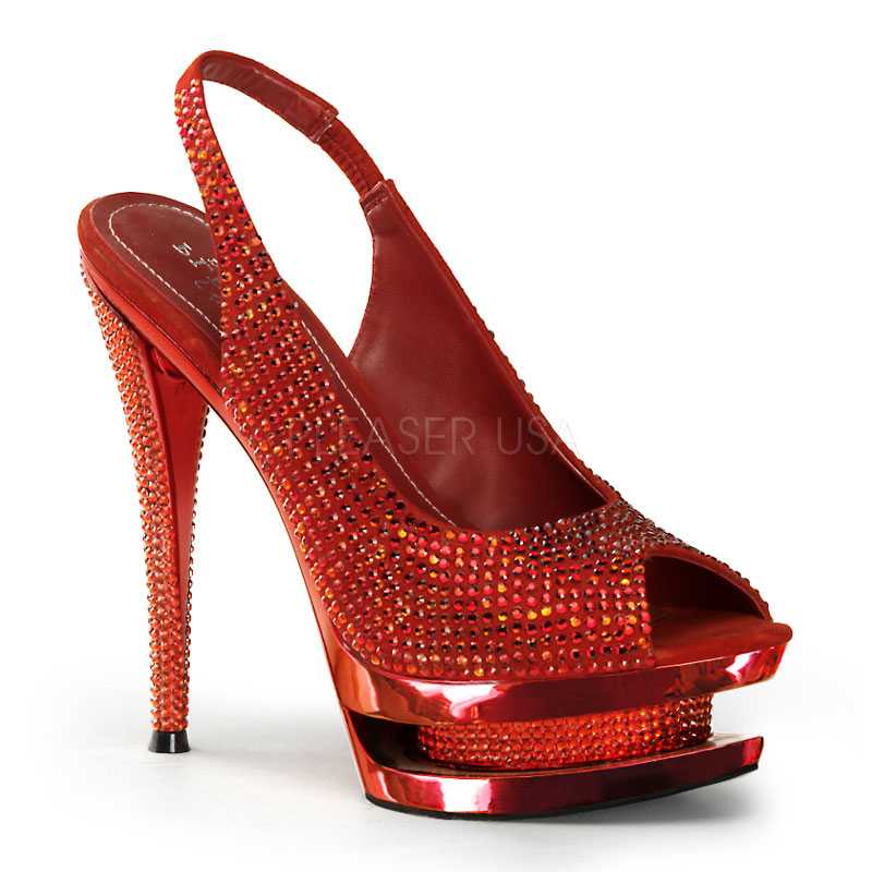 Red Rhinestone Slingback High Heels Faux Suede