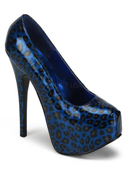 Blue Pearlized Cheetah Patent Platform Pumps High Heels