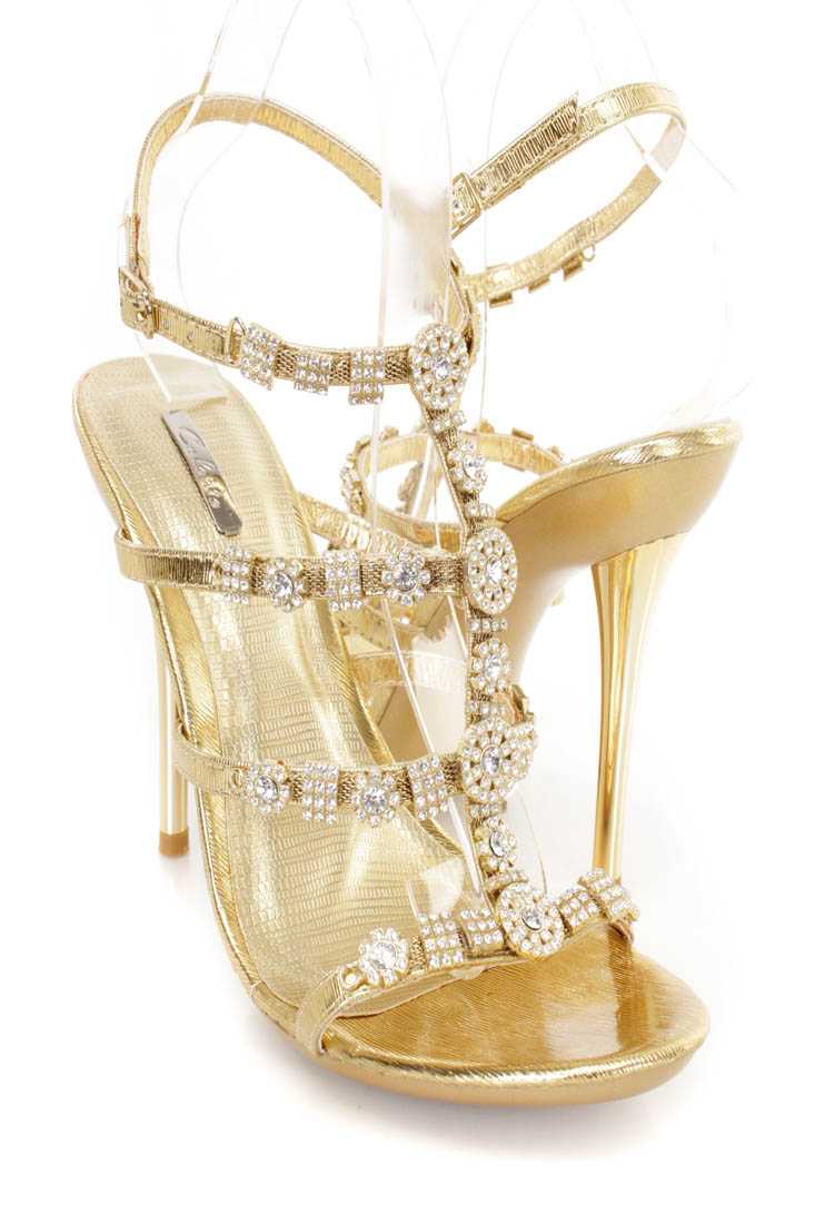Gold Rhinestone Strappy Single Sole Heels Faux Leather