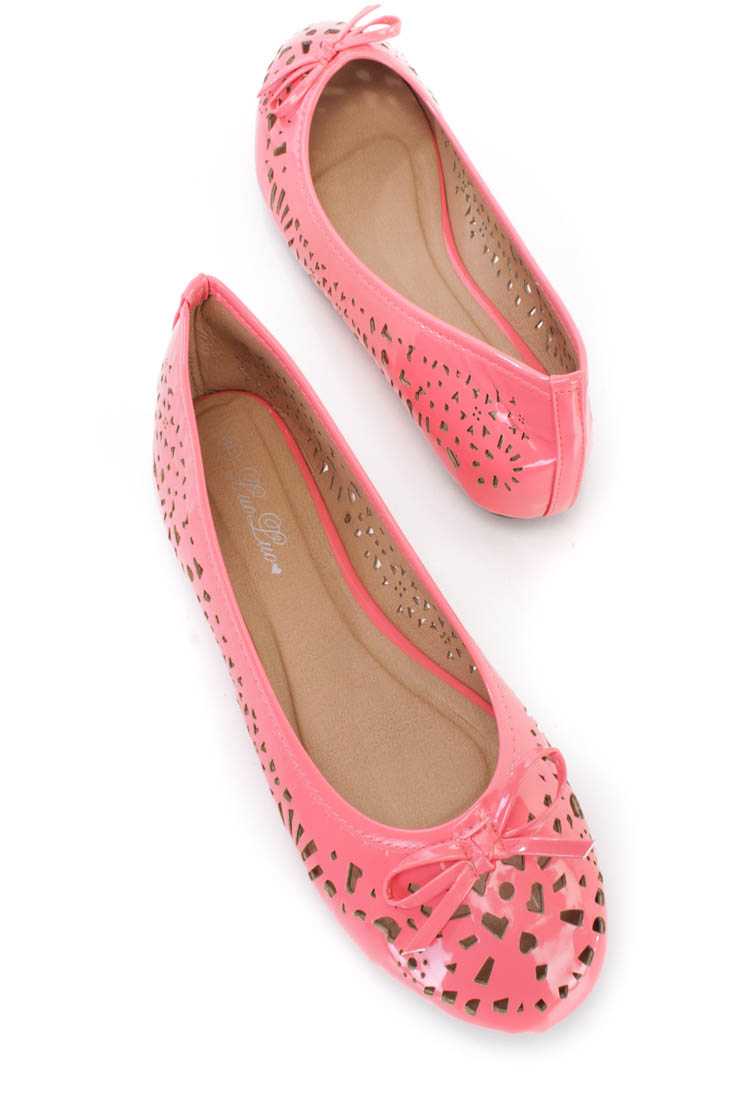 Coral Perforated Bow Tie Ballet Flats Patent