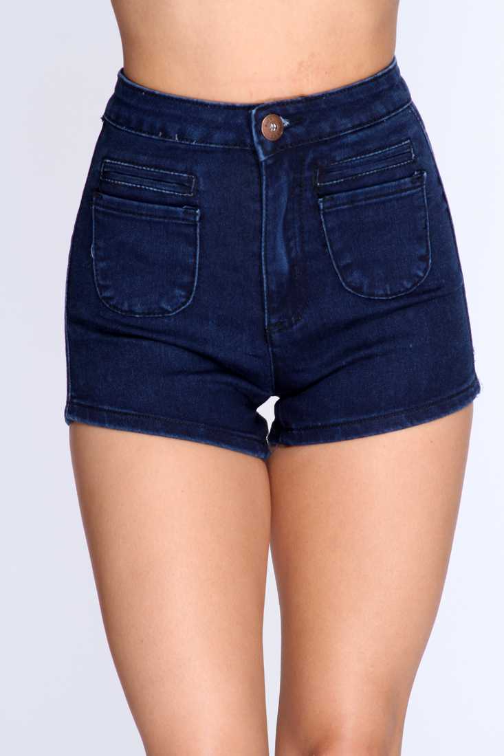 Dark Blue Denim Stretch Fit High Waist Shorts