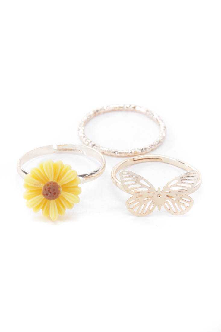 Yellow High Polish Metal Acrylic Flower Ring Set