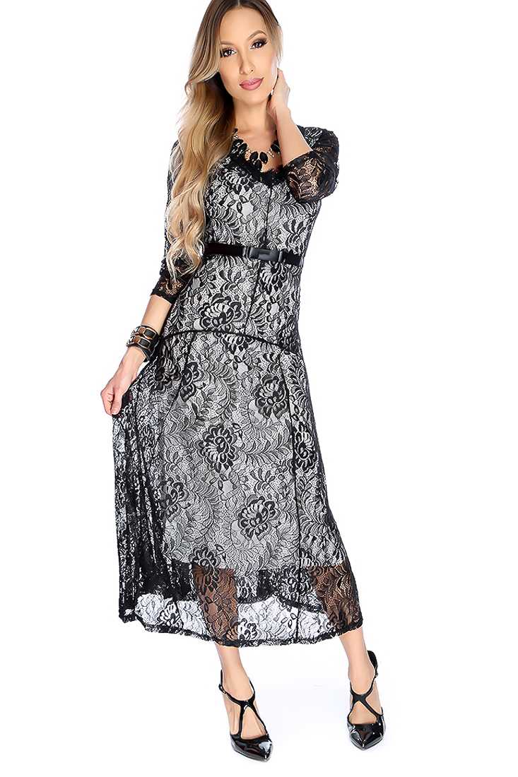 Sexy Black Floral Lace Ribbon Waistband Midi Party Prom Dress