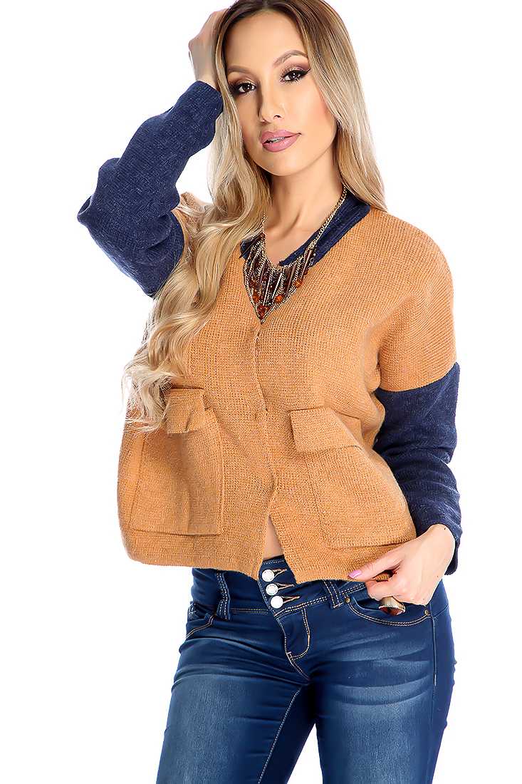 Caramel Navy Long Sleeve Two Tone Button Down Sweater