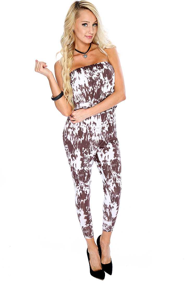 Brown White Printed Strapless Jumper Outfit