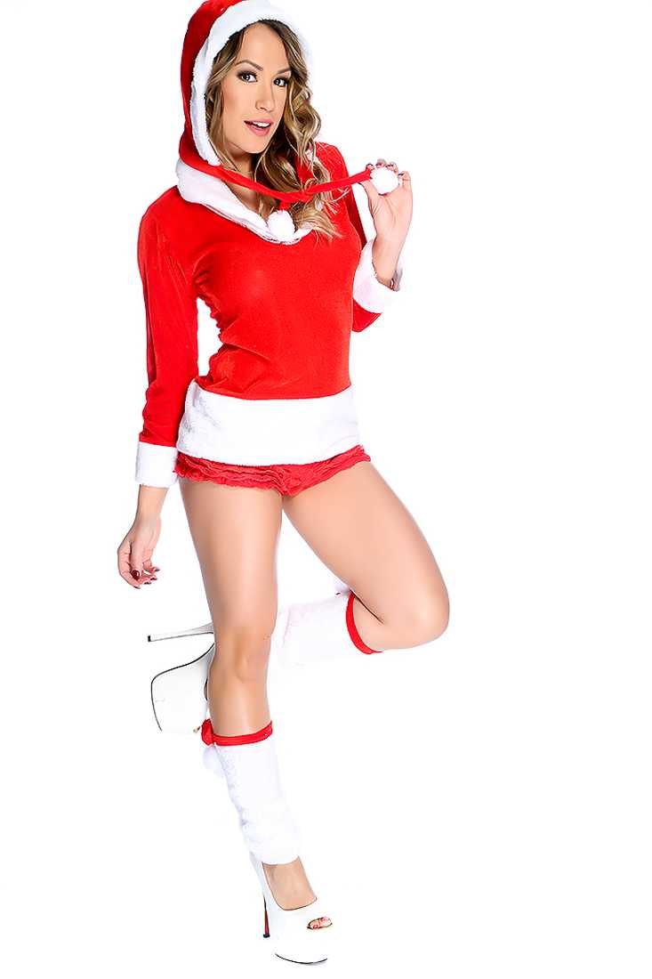 Sexy Red White Belted Long Sleeves Two Tone Faux Fur Trim Holiday Costume Set