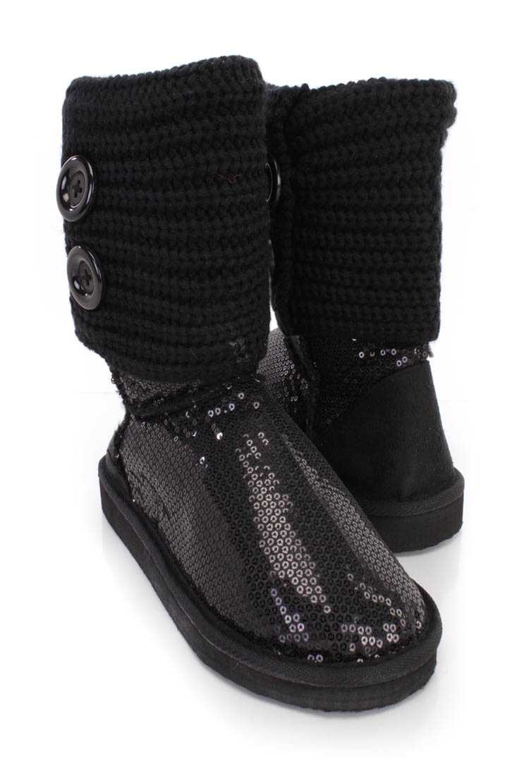 Black Knitted Cuff Slip On Casual Boots Sequin