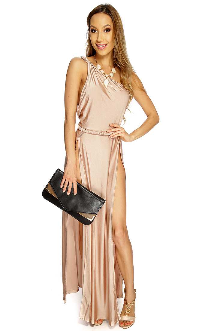 Taupe One Shoulder Strap Double Front Slit Maxi Dress