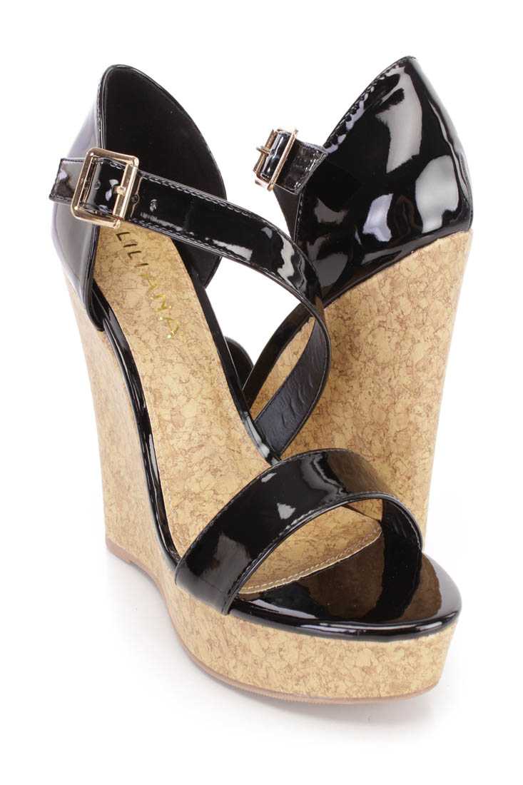 Black Strappy Open Toe Cork Platform Wedges Patent