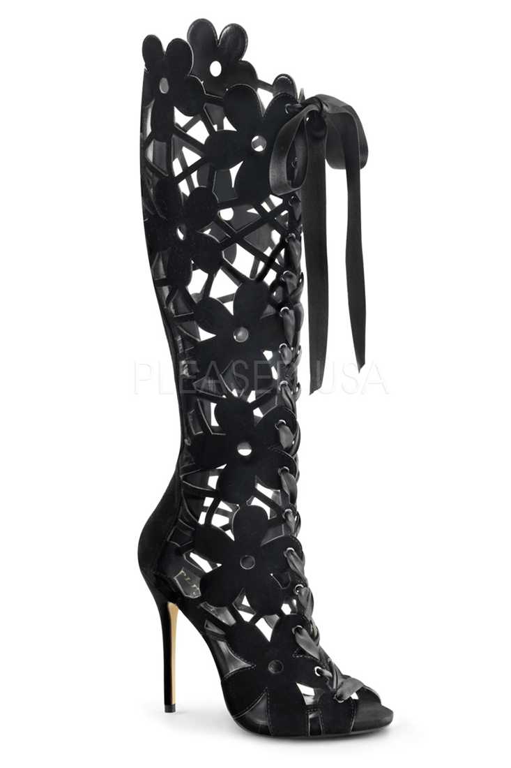 Black Floral Cut Out Lace Up Boots Velvet