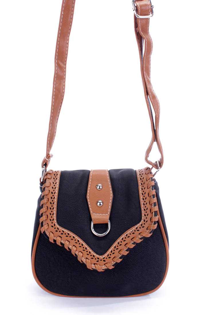 Black Two Tone Faux Leather Saddle Handbag