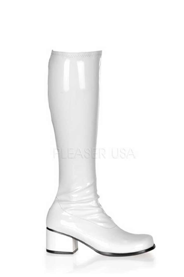 White Chunky Heel Retro Boots Patent Faux Leather