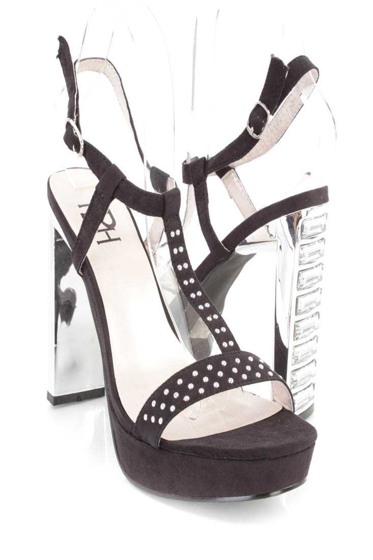 Black Studded T Strap Platform Heels Faux Suede