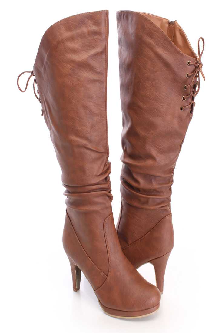 Tan Slouchy Knee High Boots Faux Leather