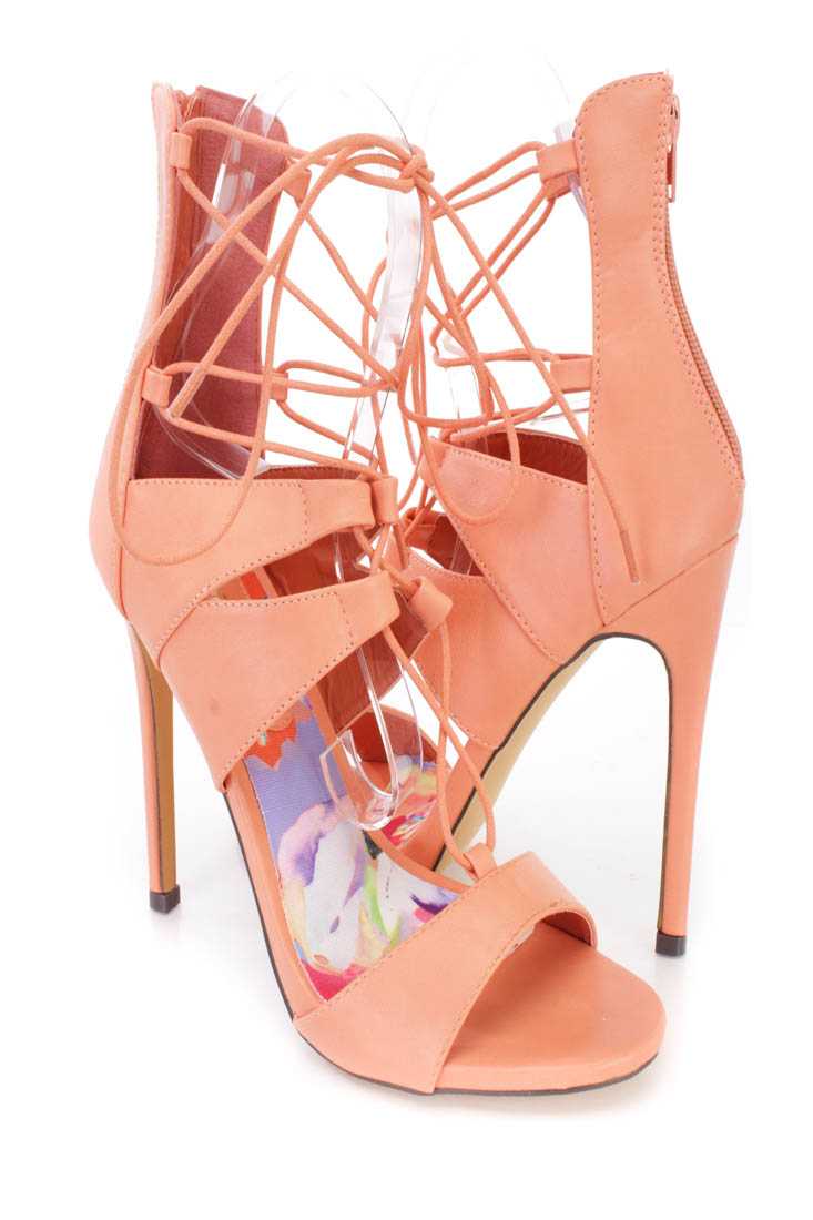 Orange Lace Up Single Sole Heels Faux Leather