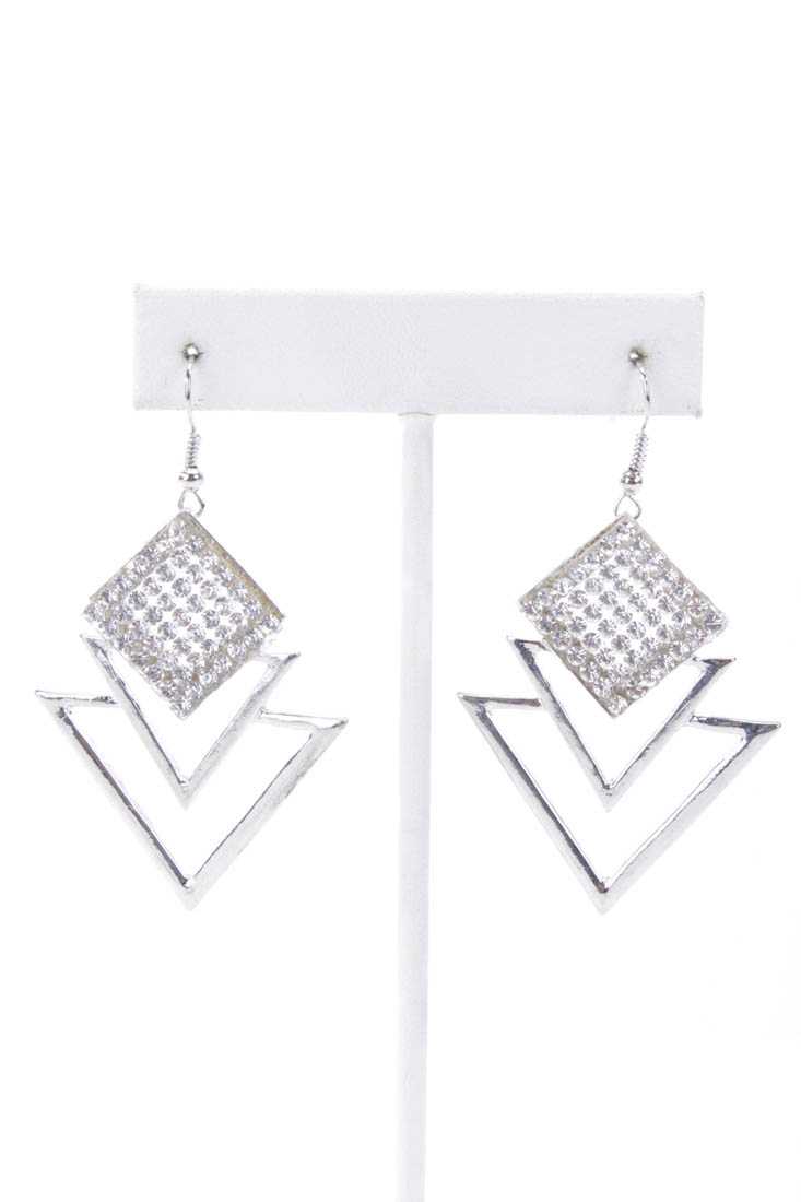Silver Triangle Pattern Rhinestone Studded High Polish Earrings