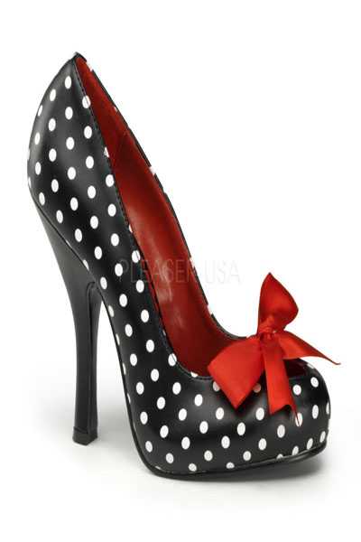 Black White Faux Leather Polka Dot Print Bow Accent High Heels