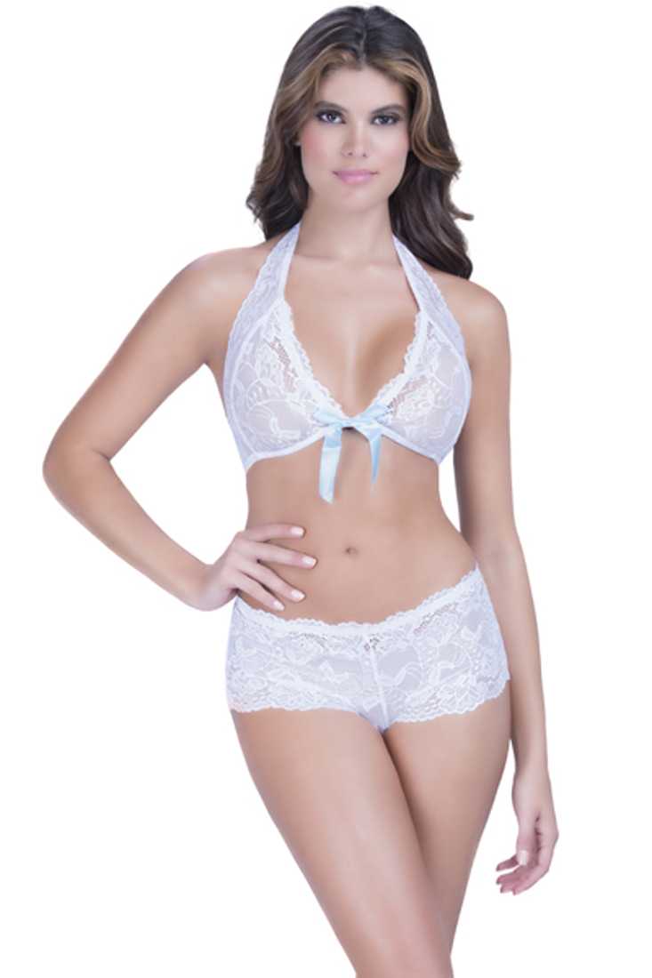 White Blue Lace Bow Accent Peek-A-Boo 2Pc. Undergarment