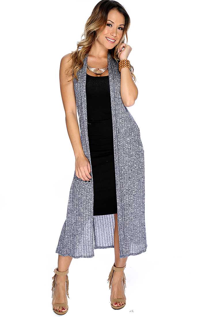 Navy Open Front Sleeveless Side Slit Long Knitted Vest