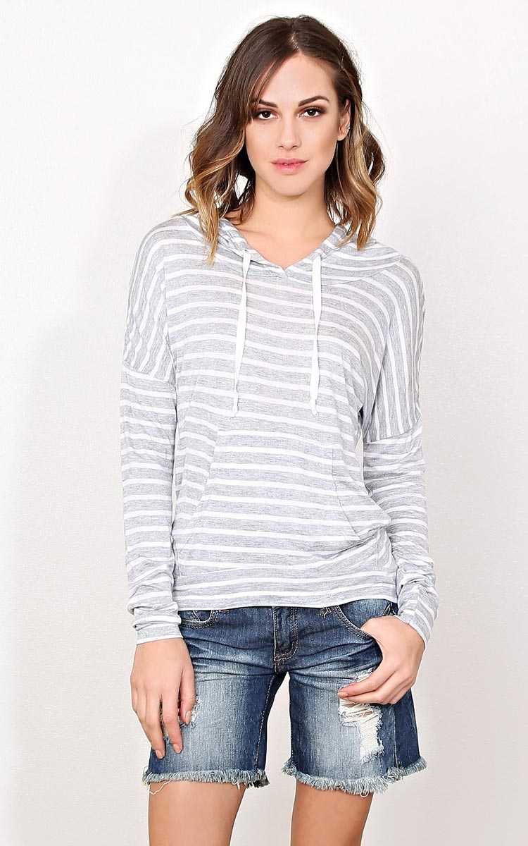 Heather Grey Striped Hooded Top - - H Grey Combo in Size by Styles For Less