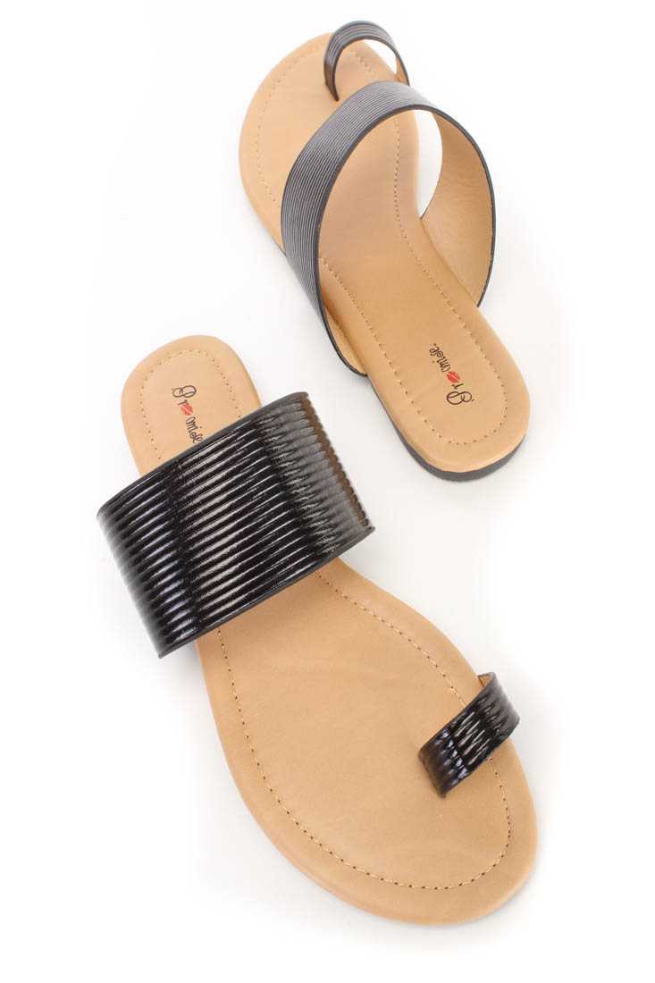 Black Slip On Strappy Toe Ring Sandals Faux Leather