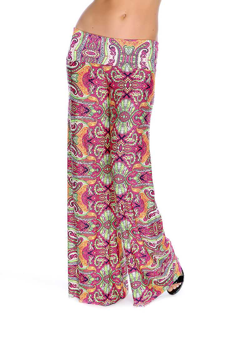 Fuchsia Lime Paisley Print Wide Leg Cute Casual Pants