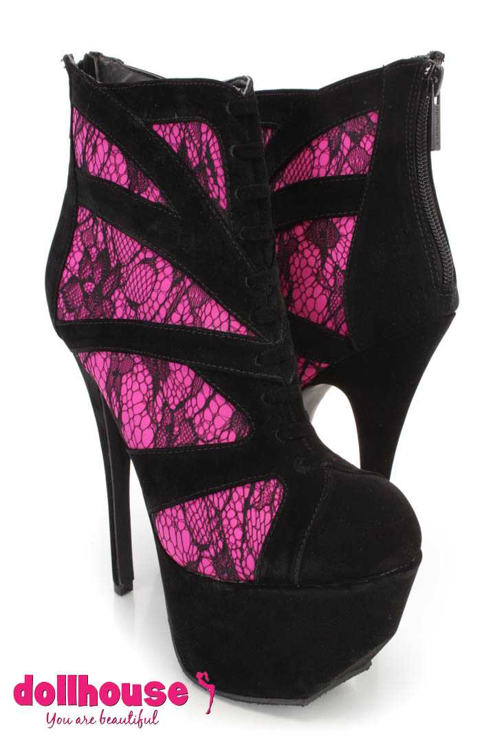 Black Fuchsia Floral Lace Woven Ankle Booties Faux Suede