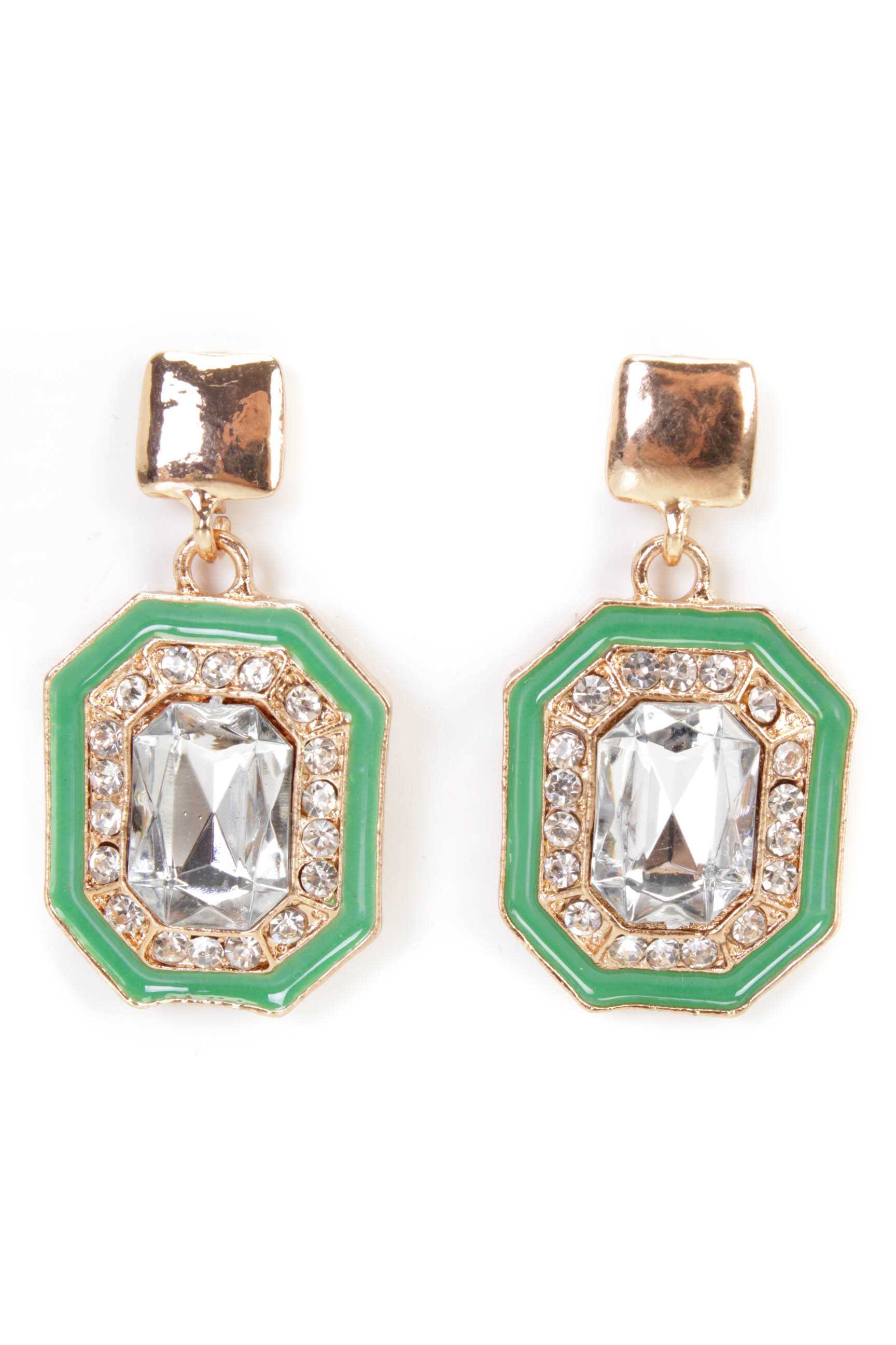 Green Gold Rhinestone Accent Dangle High Polish Metal Earrings