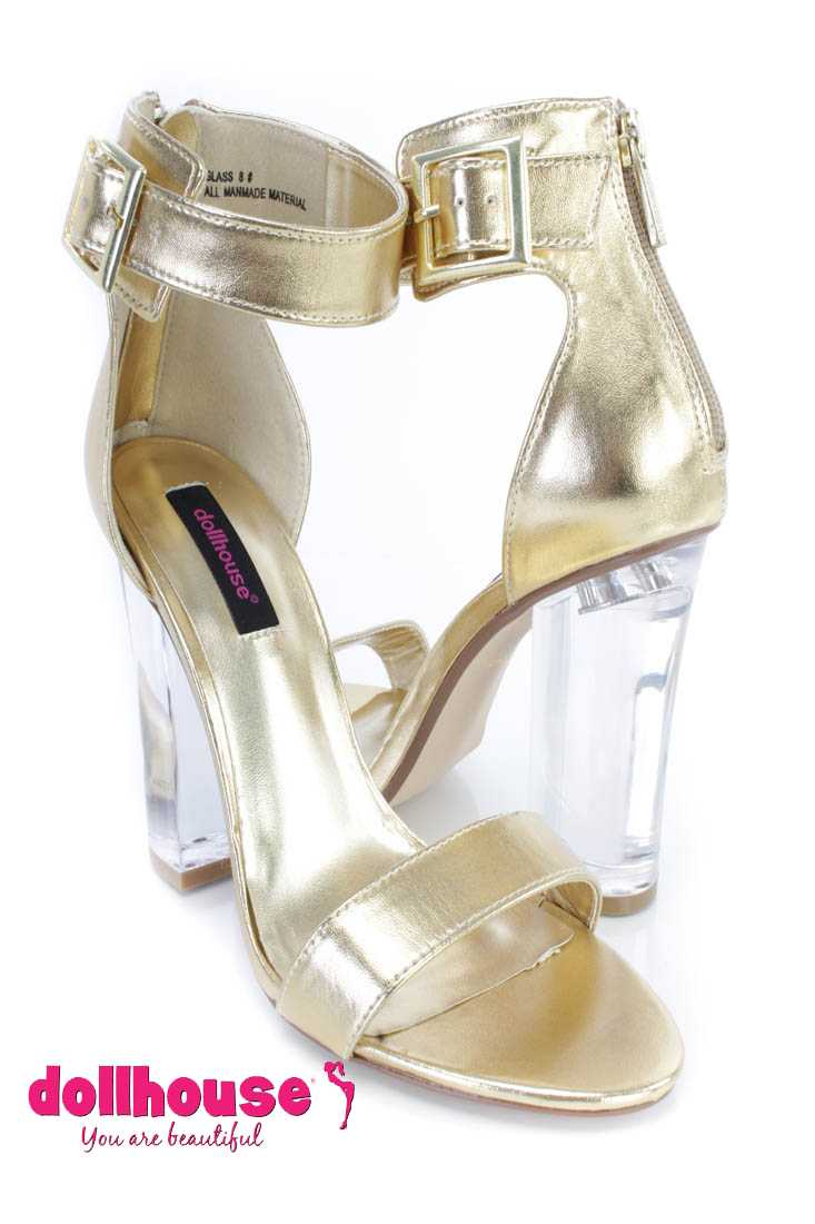 Gold Single Sole Clear Chunky Heels Faux Leather